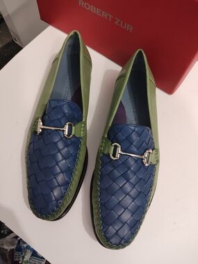 Robert Zur Men's Blue & Green Woven Leather Bit Loafers 14W